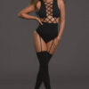 Opaque seamless teddy bodystocking that features neckline crisscross details, thong back with snap crotch, attached elastic garters and matching thigh high stockings.